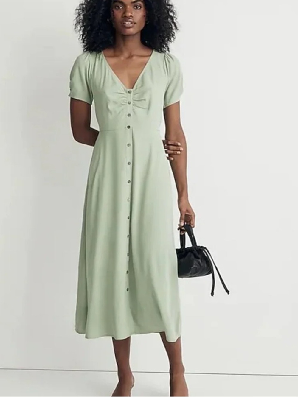 Madewell Light Sage V-Neck Button Midi Dress